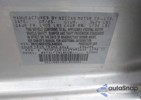 2025 Nissan Versa 1.6 Sv from USA, damaged, VIN 3N1CN8EV2SL840324
